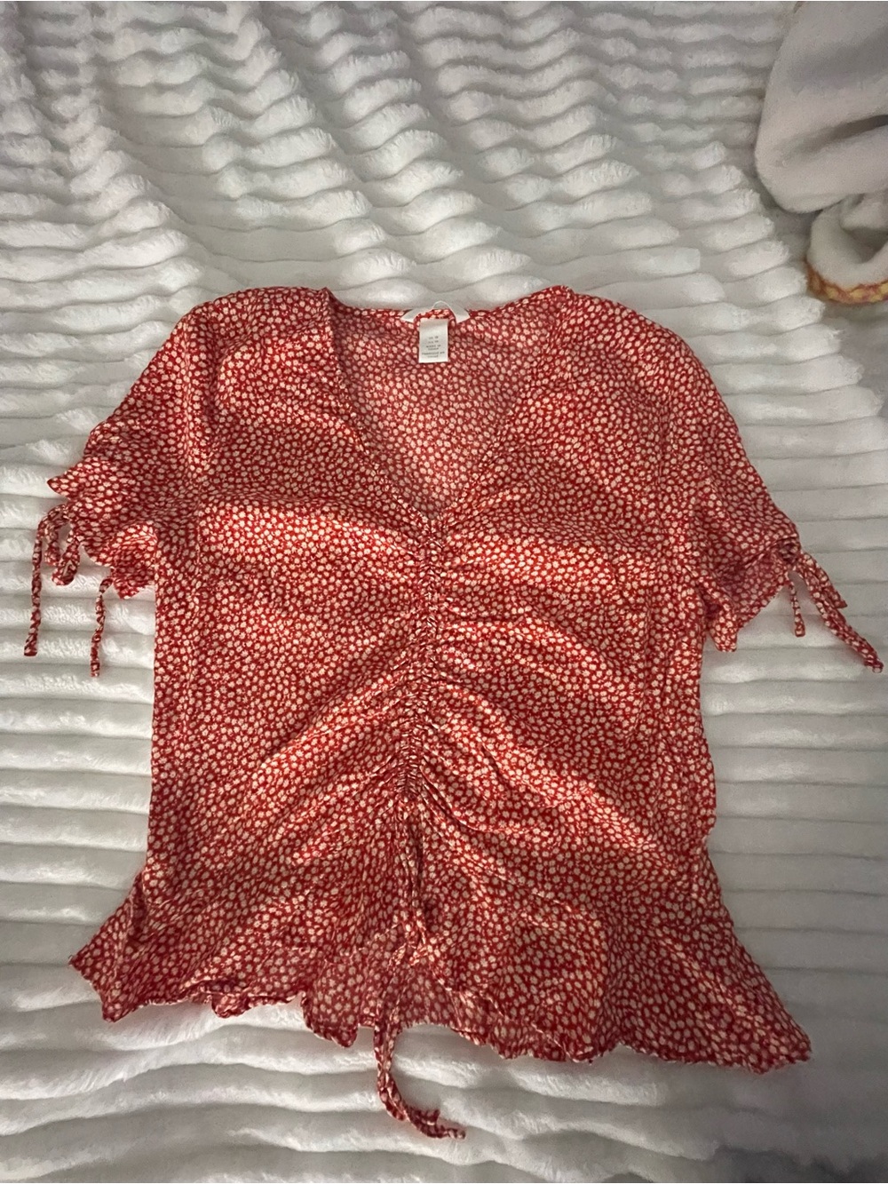 Red Ruched V-Neck Women's Top